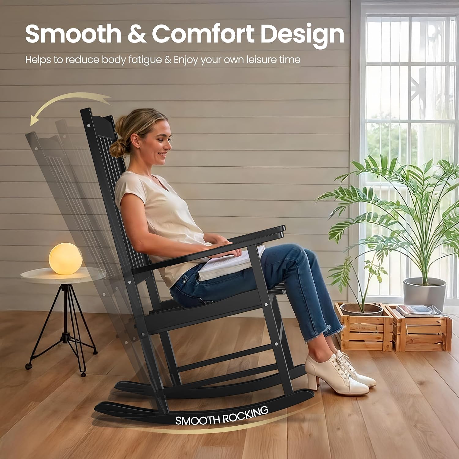 ZenStyle Outdoor Rocking Chair Set of 2 with High Back, Perfect for Indoor or Outdoor All Weather Porch Rocker for Garden, Lawn, Balcony, Backyard, Wooden Porch Rocker (2, Black)