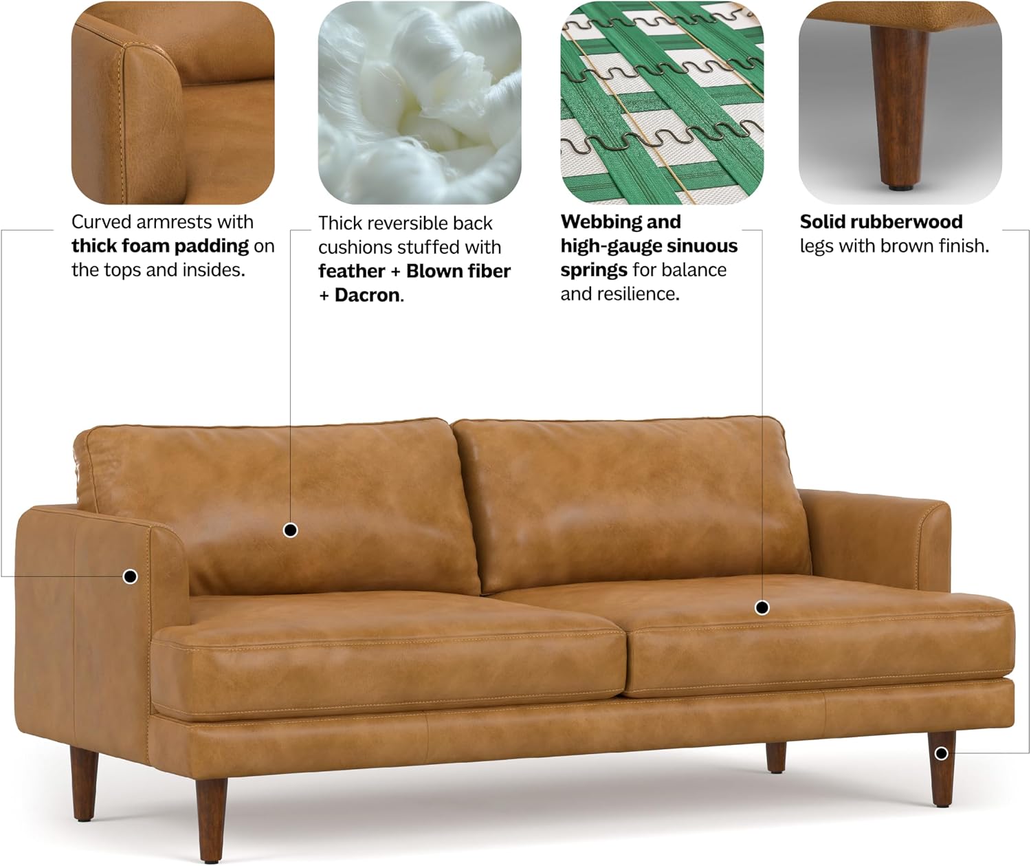 SIMPLIHOME Livingston Sofa - 76' Wide x 33' High Top Grain Genuine Leather Sofa in Sienna, Mid-Century Modern Loveseat for Living Room with Removable Feather-Wrapped Cushions and Solid Wood Frame