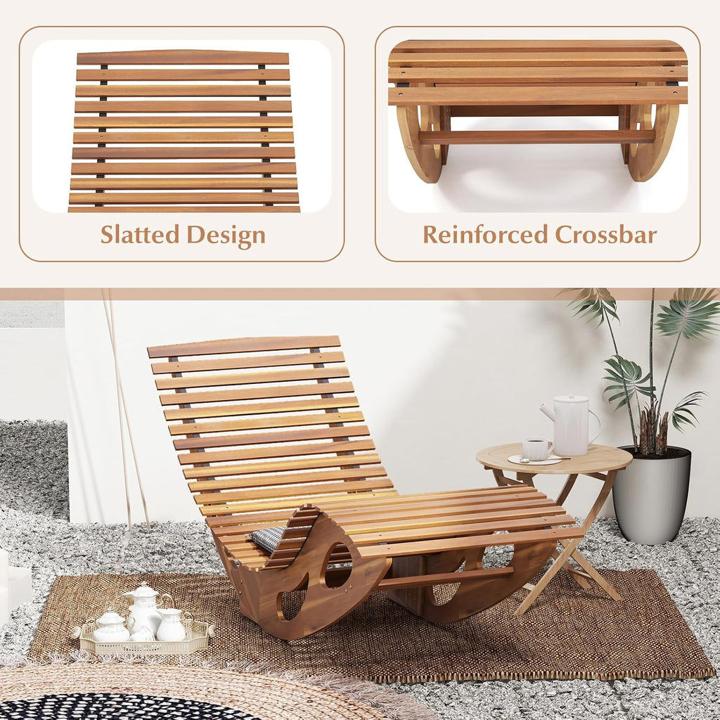 Giantex Acacia Wood Outdoor Rocking Chair, Set of 2 Patio Lounge Chair with Ergonomic Curved & Slatted Seat, High Back, Bottom Stopper, Outside Chaise Lounge, 63'x23.5'x26' Pool Lounger for Porch