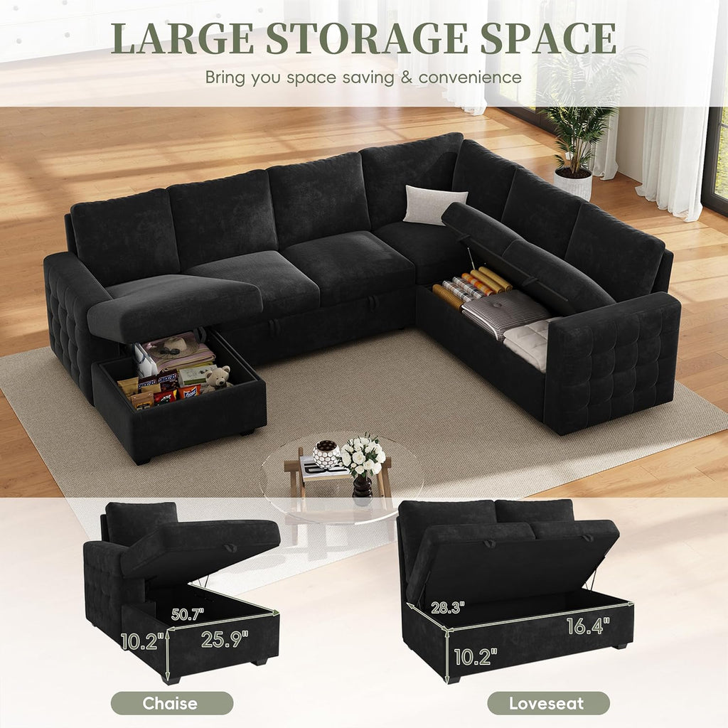 104' Sectional Sleeper Sofa Bed, Pull Out Couch with Storage, Modular Cloud Sofa with Chaise, 7 Seat U Shaped Sectional Couches for Living Room& Apartment, Convertible Sofas, Black Couch
