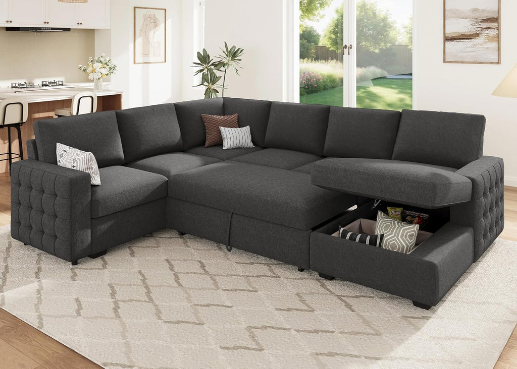 HONBAY Sectional Couch with Pull Out Bed, U-Shaped Sectional Sleeper Sofa with Storage, 6 Seater Sectional Sofa Bed, Mid-Grey