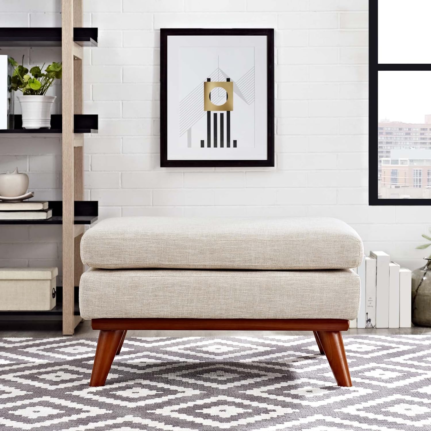 Modway Engage Mid-Century Modern Upholstered Fabric Ottoman in Beige