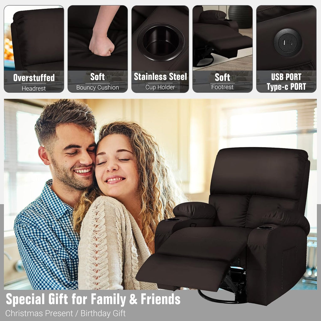 LEVELEVE Rocking Recliner Chair, Massage Rocker Recliner Chair with Vibration Massage and Heat, USB and Type-C Ports,360° Swivel Faux Leather Chairs, Living Room, Bedroom, Nursery, RV, Brown