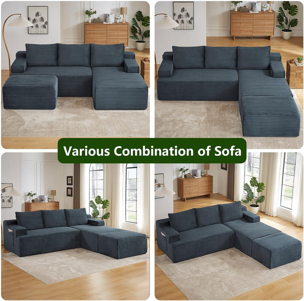 96.1' Modular Sectional Sofa with Ottoman, Modern Corduroy Cloud Couch, Boneless Couch Upholstered 3-Seater U-Shaped Sofa for Living Room, No Assembly (Dark Grey, Right-Facing Chaise)
