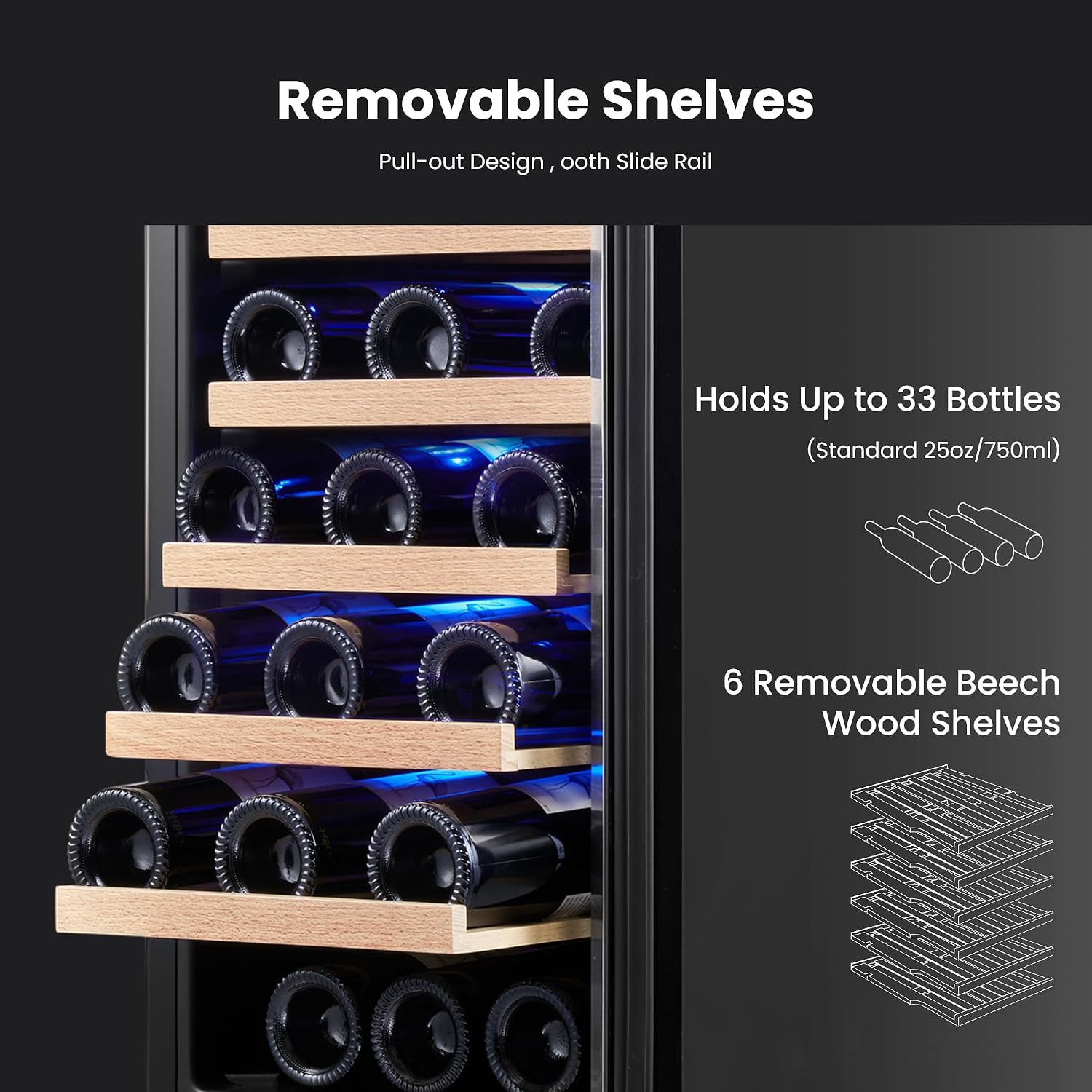 Yeego Wine Fridge – 15 Inch 33 Bottle Wine Cooler Refrigerator with Glass Door, 40-65℉ Built-In or Freestanding, Adjustable Shelves Wine Fridge Ideal for Home Bar & Kitchen