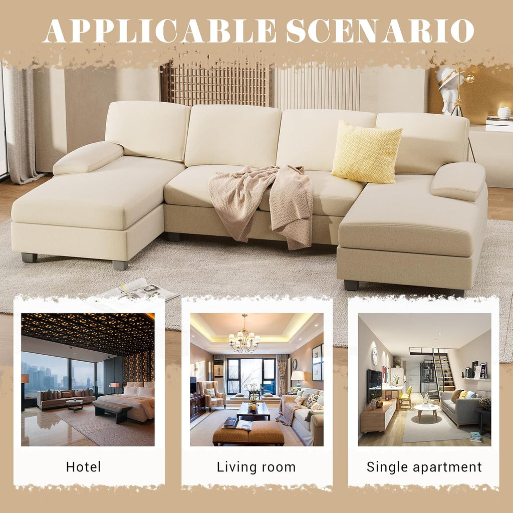 Furniwell Convertible Sectional Sofa Couch, 4 Seat Sofa Set for Living Room U-Shaped Modern Fabric Modular Sofa Sleeper with Double Chaise & Memory Foam (Fabric, White)