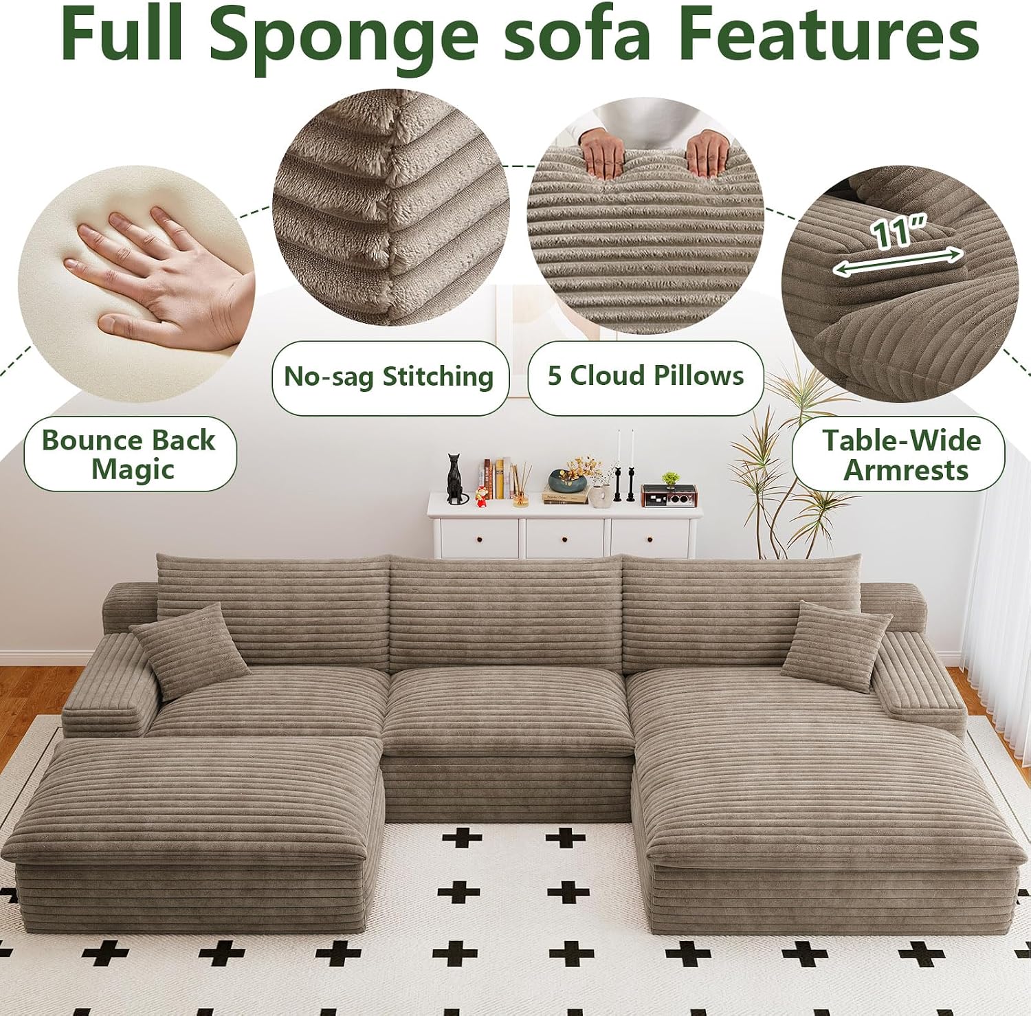 107' Cloud Couch Modular Sectional Sofa for Living Room, U-Shape Boneless Couch with Deep Seat, Modern Corduroy 3-Seater with Ottoman, No Assembly Required (Camel,Right-Facing Chaise)