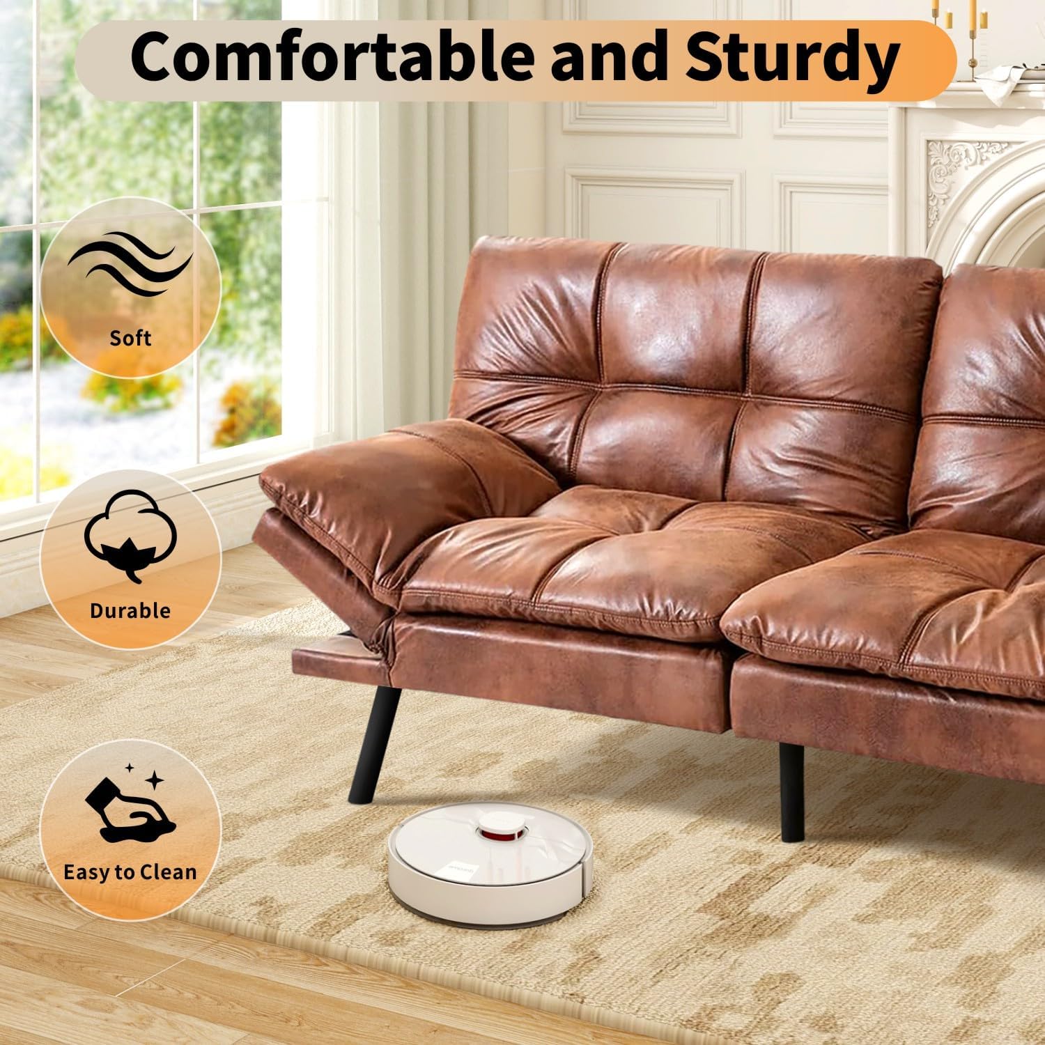 MUUEGM 71' Futon Sofa Bed, Modern Convertible Loveseat Sleeper, Faux Leather Couch with Adjustable Back & Arms for Small Spaces, Office & Apartment - Chocolate