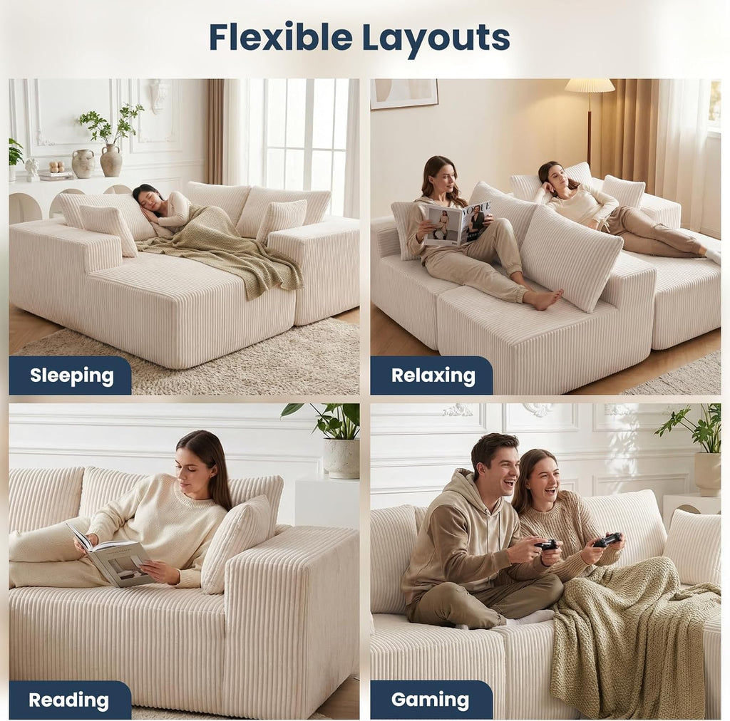 DUMOS 108' Boneless Couch, Cloud Sectional Couch with L-Shape Chaise, Modular Sectional Sofa with Deep Seat, Fluffy Couch for Living Room Bedroom, No Assembly Required, Beige, Right Facing Chaise