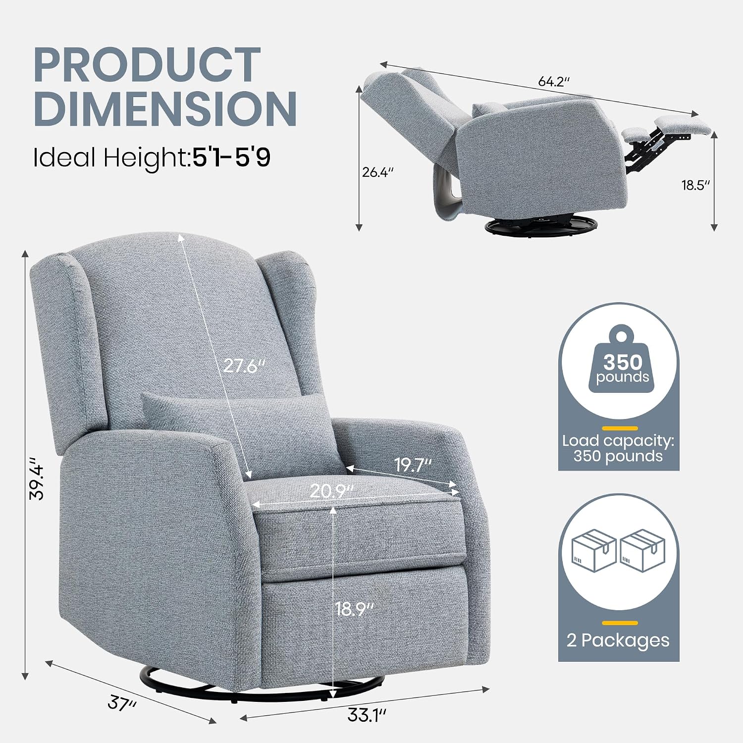 Swivel Rocker Recliner Chair with Adjustable Footrest, Swivel Rocking Recliner with Deep Seat Lumbar Pillow, Nursery Glider Recliner, 360° Recliner Chair for Living Room&Bedroom&Office (Gray)
