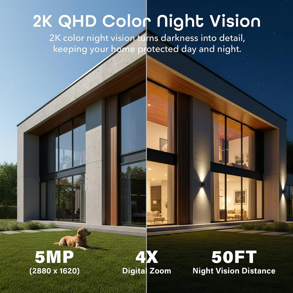 Geeni Falcon Smart Solar Battery Camera 2K+ – Outdoor Camera Wireless, Weather Resistant with Solar-Powered Battery, Motion Alerts, Color Night Vision, Two-Way Audio — 2-Pack, White