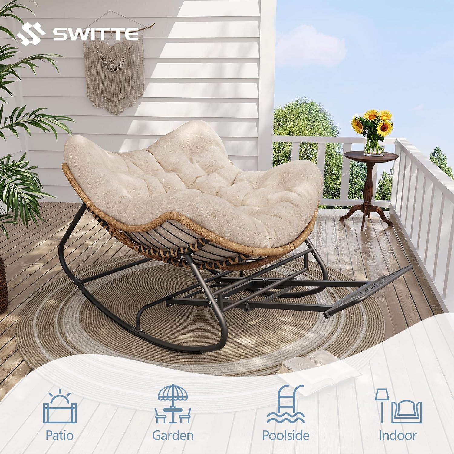 SWITTE Outdoor Papasan Rocking Chair with Footrest, Oversized Patio Egg Chair with Thick Cushion, Indoor Wicker Lounge Rocker Bed for Balcony, Porch, Garden, Beige