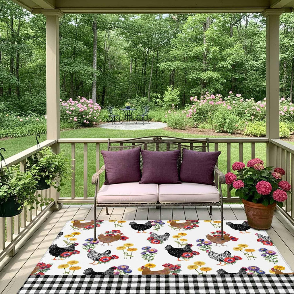 Farmhouse Rooster Outdoor Rug for Patio/Deck/Porch, Non-Slip Large Area Rug 4 x 6 Ft, Country Watercolor Flowers Black Plaid Indoor Outdoor Rugs Washable Area Rugs, Camping Rug Carpet Runner