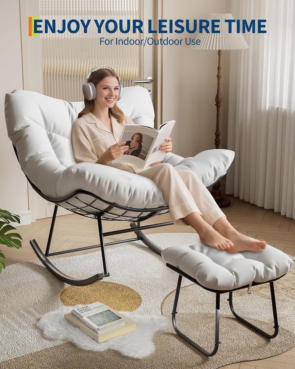 Oversized Papasan Rocking Chair with Footrest, 350Lbs Capacity Indoor/Outdoor Rocker, Metal Frame & Waterproof Cushion, Adjustable Patio Lounge Chair Rattan Egg Rocker for Porch, Garden, Living Room