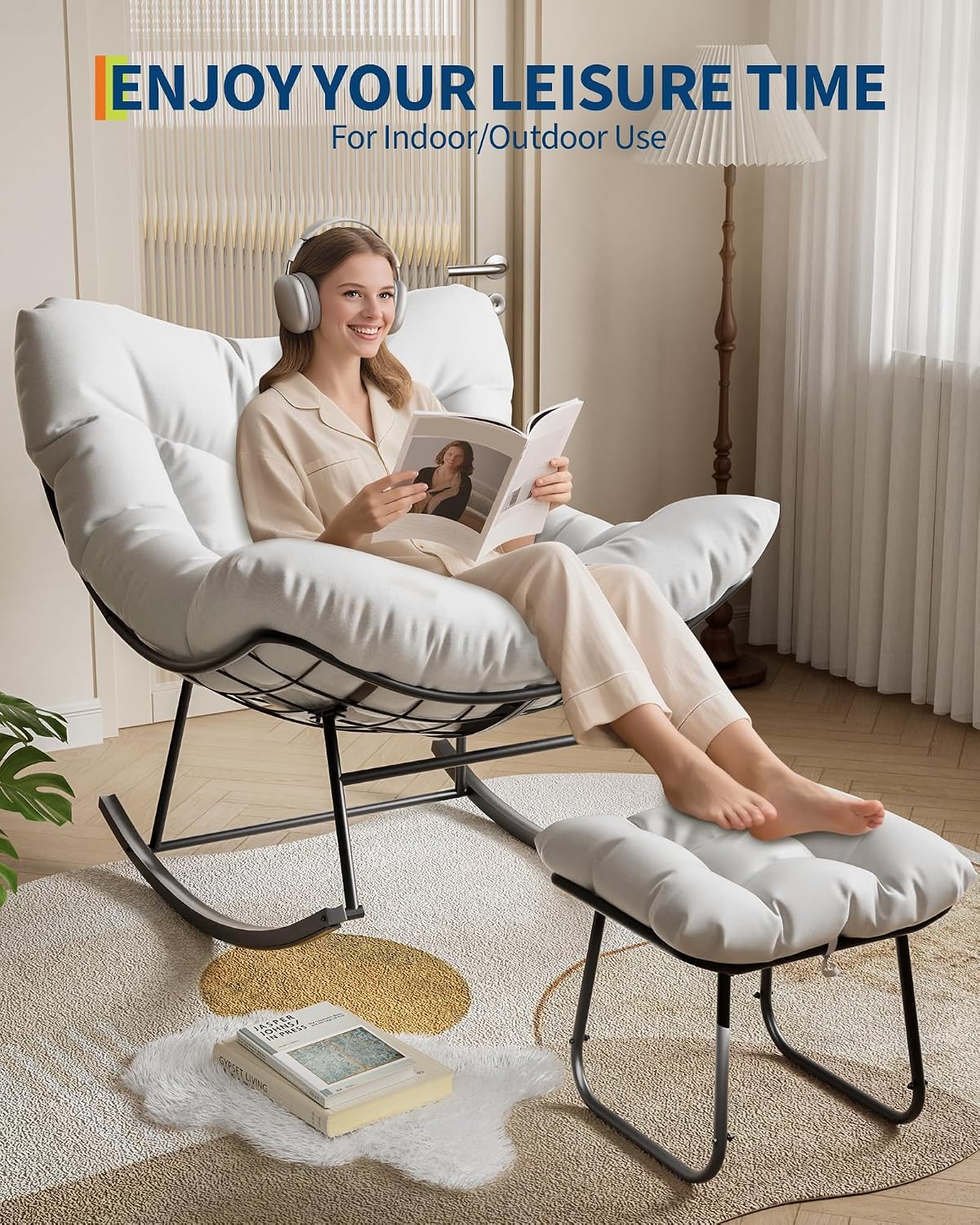 Oversized Papasan Rocking Chair with Footrest, 350Lbs Capacity Indoor/Outdoor Rocker, Metal Frame & Waterproof Cushion, Adjustable Patio Lounge Chair Rattan Egg Rocker for Porch, Garden, Living Room