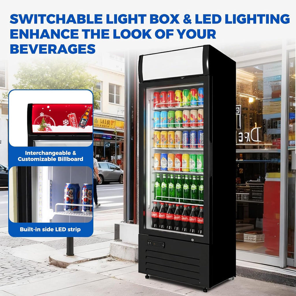 16.5 cu.ft Commercial Refrigerators with 1 Glass Door, Beverage Fridge with LED Light Display Upright Merchandiser, Drink Cooler with 5 Adjustable Shelves Black ETL Approved
