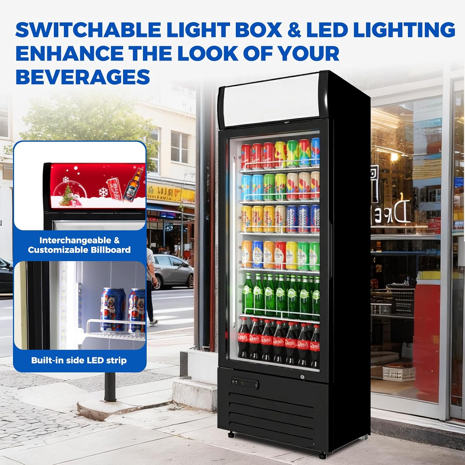 16.5 cu.ft Commercial Refrigerators with 1 Glass Door, Beverage Fridge with LED Light Display Upright Merchandiser, Drink Cooler with 5 Adjustable Shelves Black ETL Approved