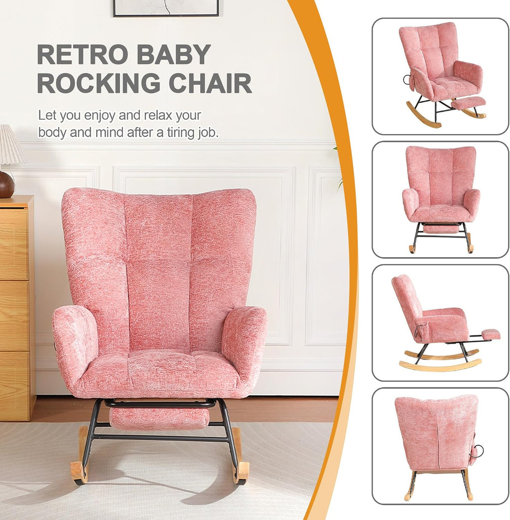 Rocking Chair Nursery with Airbag, Comfy Modern Nursery Rocking Reading Chair Indoor with Footrest, Cozy Upholstered Glider Rocker Chairs for Living Room Bedroom Offices(Chenille, Pink)