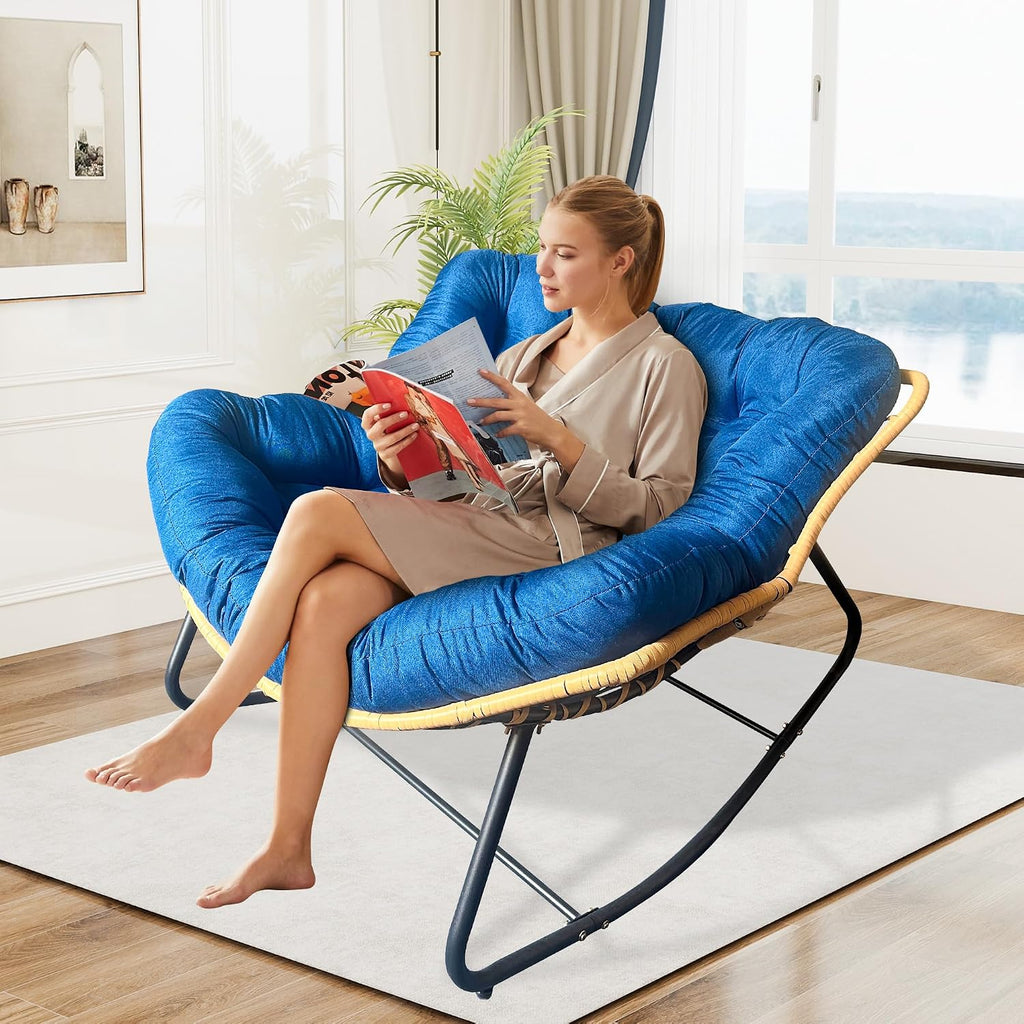 Outdoor Rocking Chair, Patio Egg Rocking Chair, Indoor Papasan Chair, Rattan Wicker Lounge Chair, Modern Royal Chair for Bedroom, Living Room, Porch, Garden,Lawn