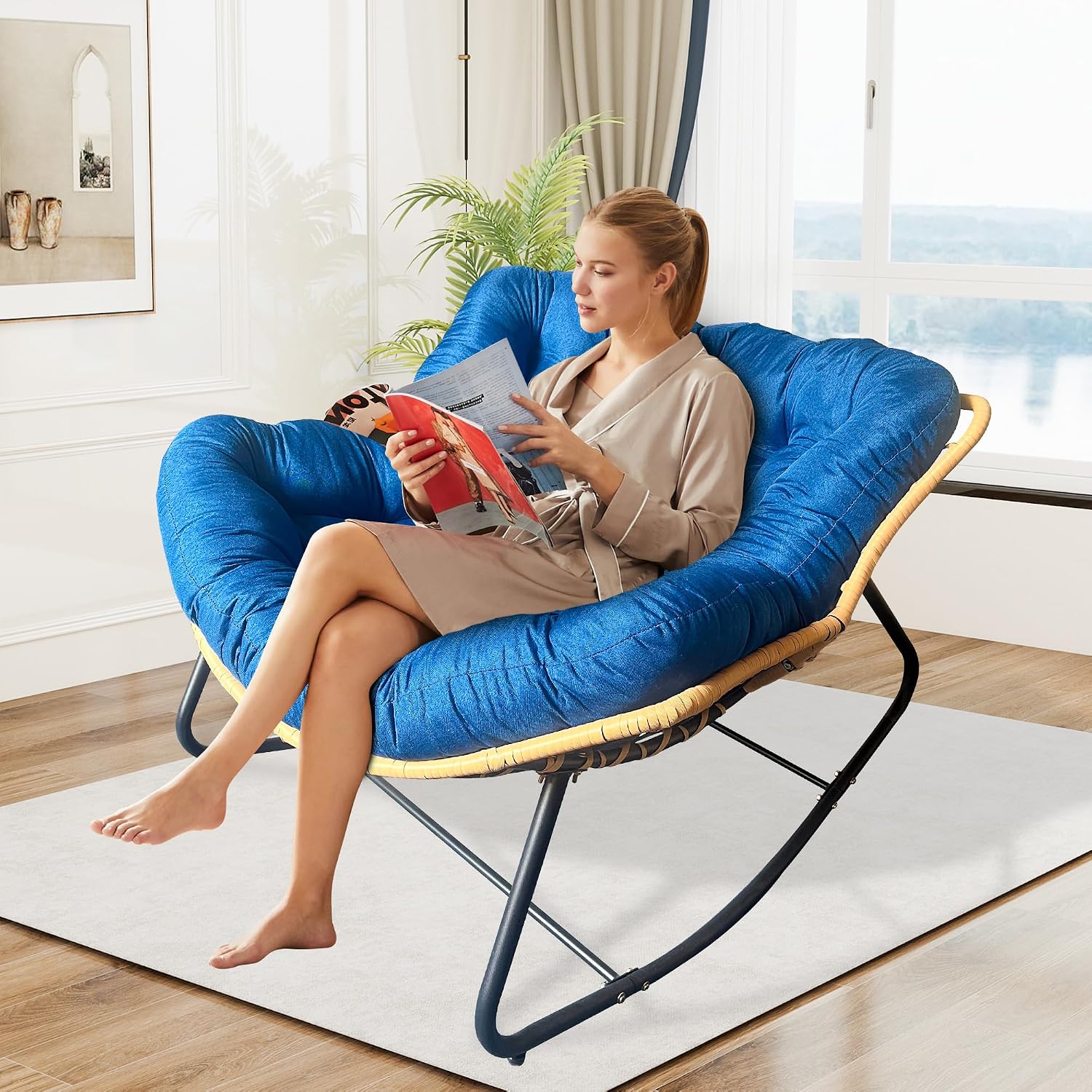 Outdoor Rocking Chair, Patio Egg Rocking Chair, Indoor Papasan Chair, Rattan Wicker Lounge Chair, Modern Royal Chair for Bedroom, Living Room, Porch, Garden,Lawn