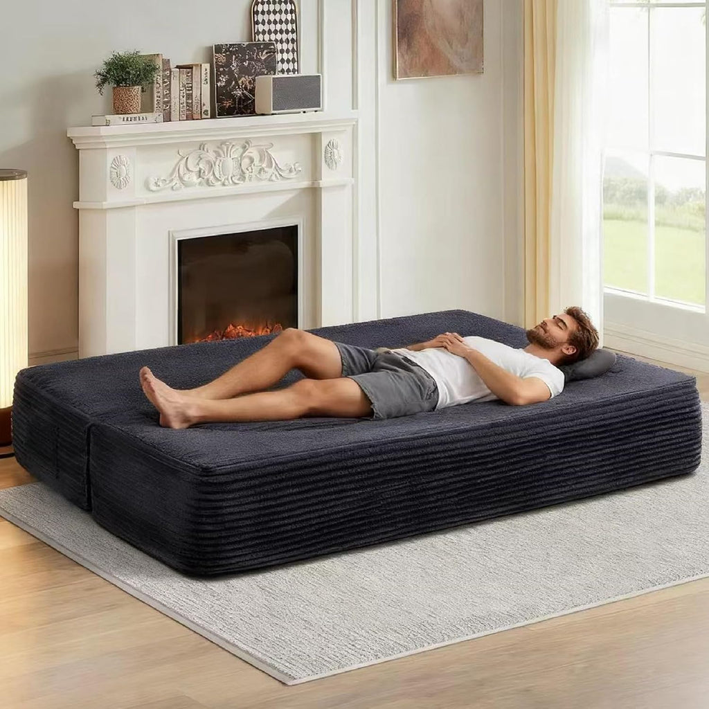 KEIKI 79' Convertible Floor Sofa Bed, Fold ‌Teddy Sleeper Cloud Couch with Storage & Deep Seat, Comfy Upholstery Curved Boneless Futon Couches, 2-in-1 Sofas for Living Room Bedroom, No Assembly, Gray