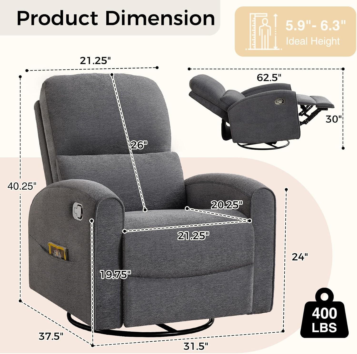 Swivel Rocker Recliner, Manual Swivel Glider Recliner Chair with Adjustable Headrest and Lumbar Support, Upholstered Rocking Recling Chairs for Adults Nursery, Living Room, Bedroom, Dark Grey