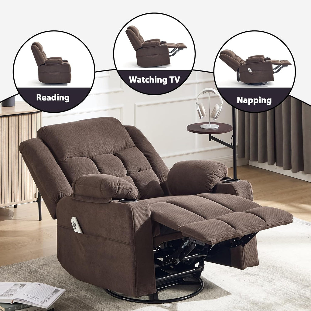 Swivel Rocker Recliner Chair with Massage and Heating,Cup Holders,Glider Recliner for Adults,Soft Fabric Living Room Nursing Reclining Sofa Chair