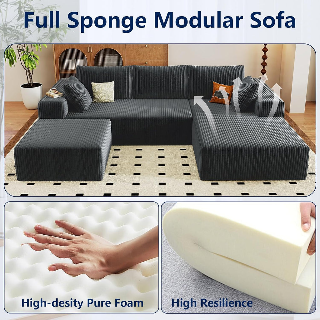 96' Modular Sectional Sofa with Ottoman, Modern Corduroy Cloud Couch with Deep Seat, Boneless Couch Upholstered 3-Seater U-Shaped Sofa for Living Room, No Assembly (Grey, Right-Facing Chaise)