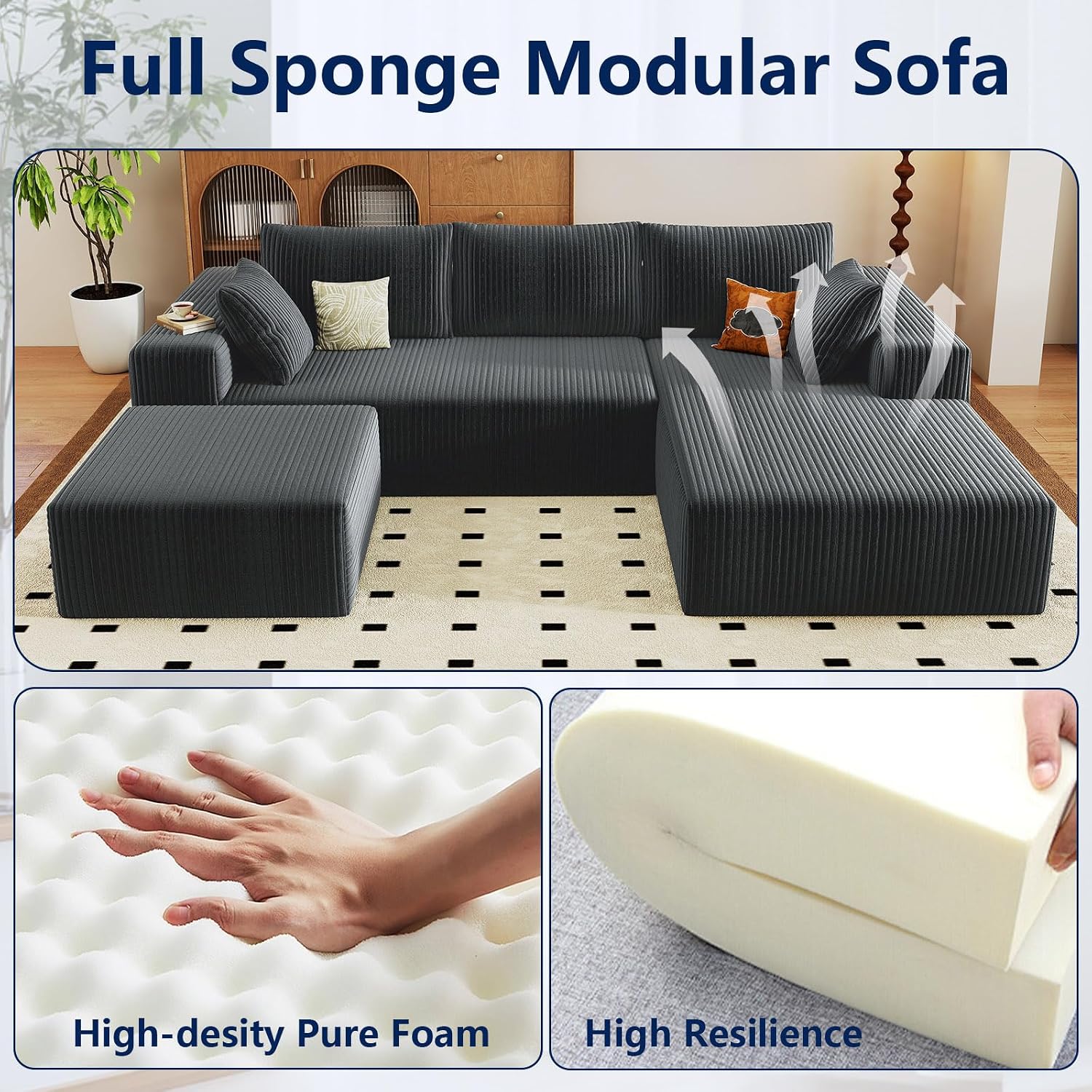 96' Modular Sectional Sofa with Ottoman, Modern Corduroy Cloud Couch with Deep Seat, Boneless Couch Upholstered 3-Seater U-Shaped Sofa for Living Room, No Assembly (Grey, Right-Facing Chaise)