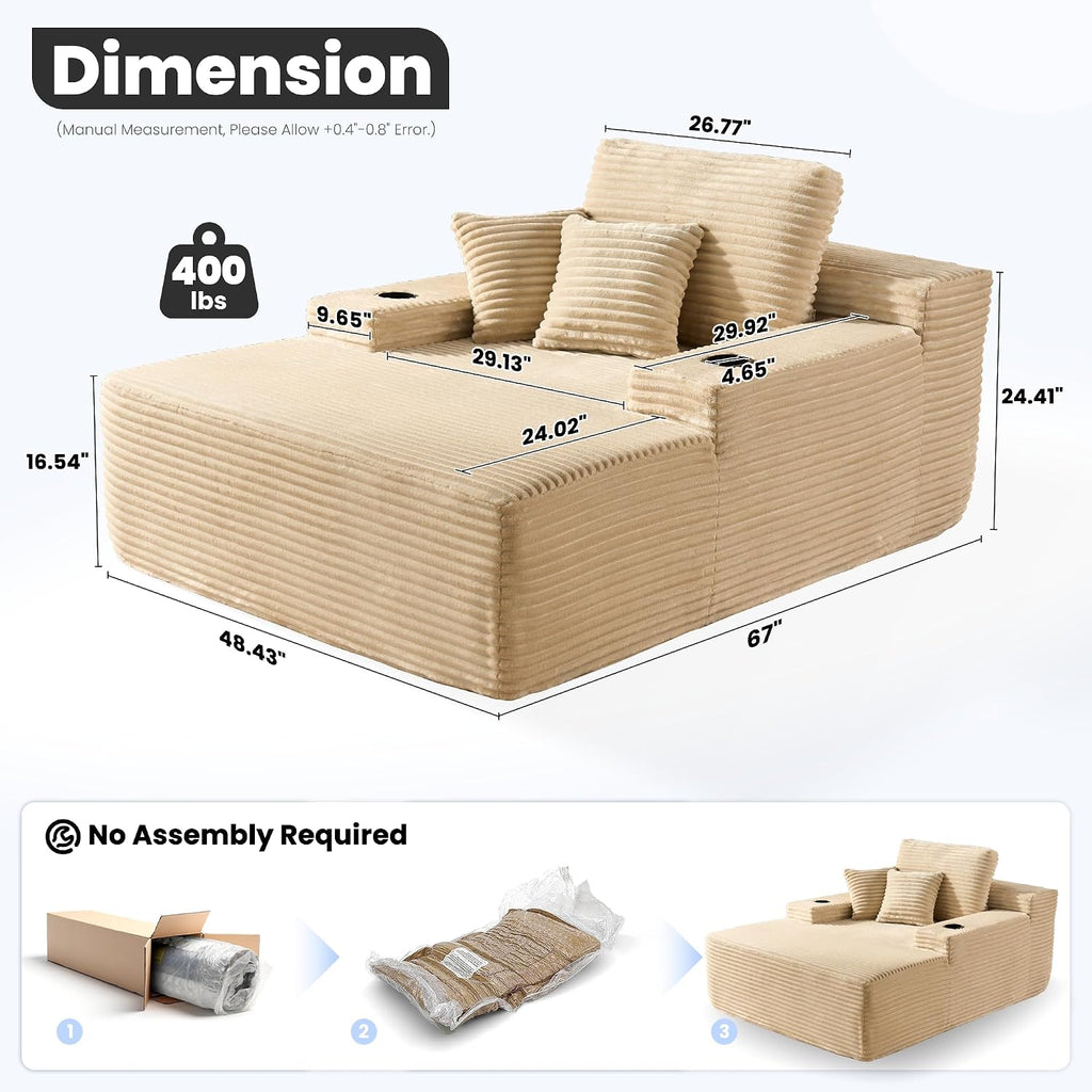 ovios 67'' Chaise Lounge Chair Indoor, Oversized Upholstered Boneless Sofa Bed with Cup Holders, Deep Seat Sleeper Couch, Plush Cloud Sofas Couches for Living Room (Faux Fur, Beige)