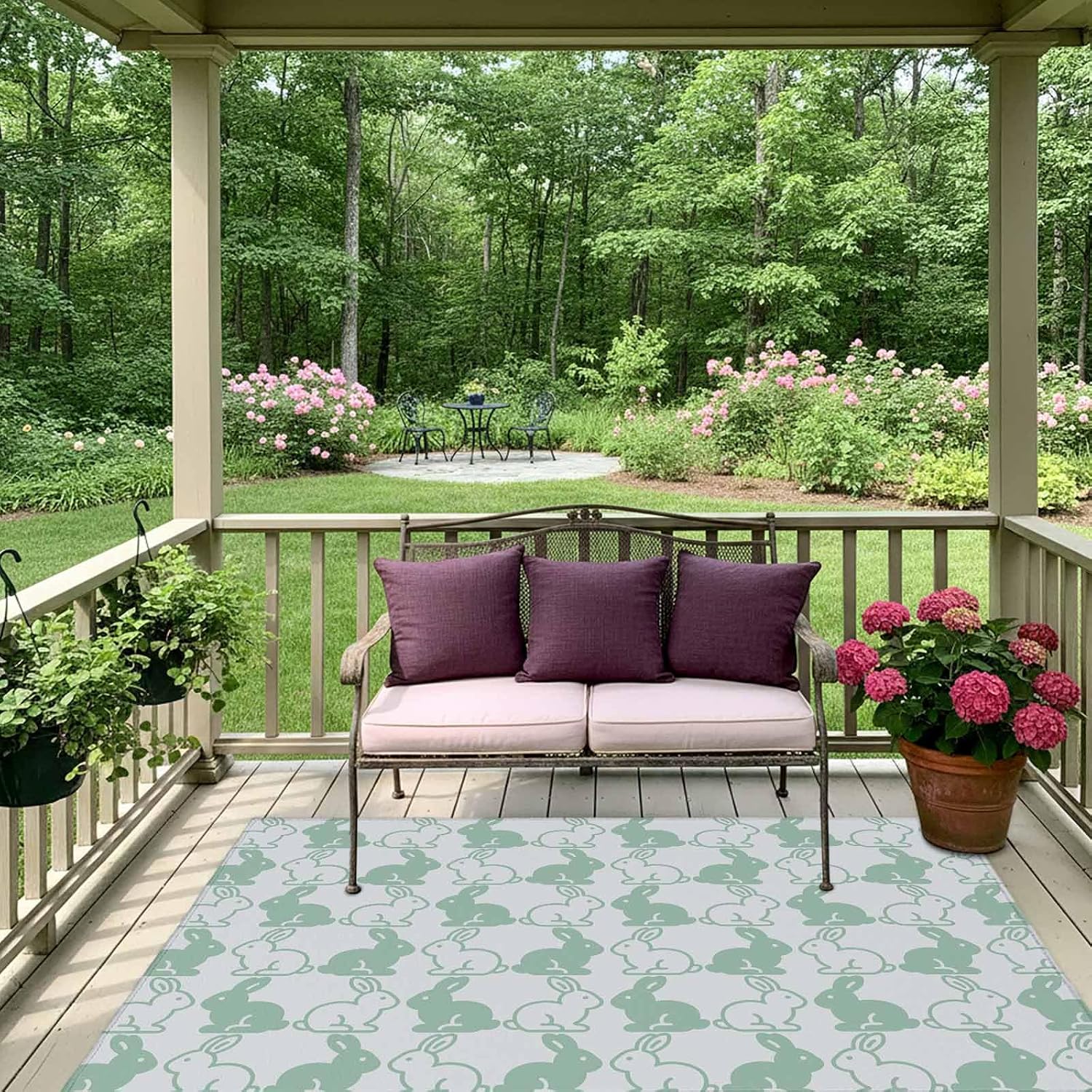 Happy Easter Bunny Outdoor Rug for Patio/Deck/Porch, Non-Slip Large Area Rug 5 x 7 Ft, Gray Green Rabbits Animal Cartoon Indoor Outdoor Rugs Washable Area Rugs, Reversible Camping Rug Carpet Runner