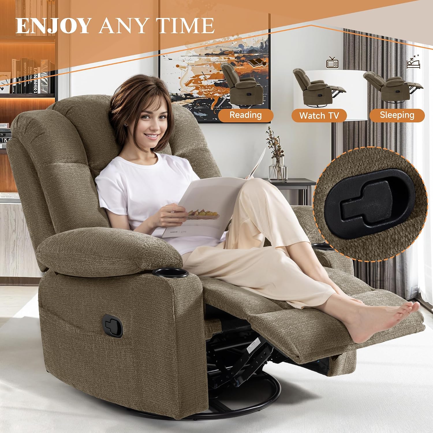 Swivel Rocker Recliner Chair for Adults – Manual Glider Sofa with Massage, Heat & Vibration, 360° Rocking for Living Room or Nursery (Light Brown, 30'x30'x40')