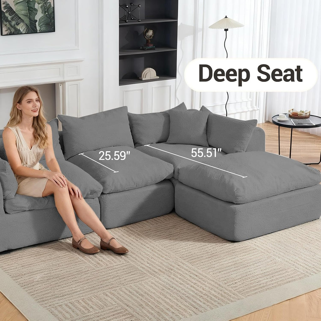 Modular Cloud Couch Sectional, Boneless Sofa with Ottoman, Deep Seat Fluffy Sectional Couch for Living Room & Bedroom, No Assembly Required, Grey