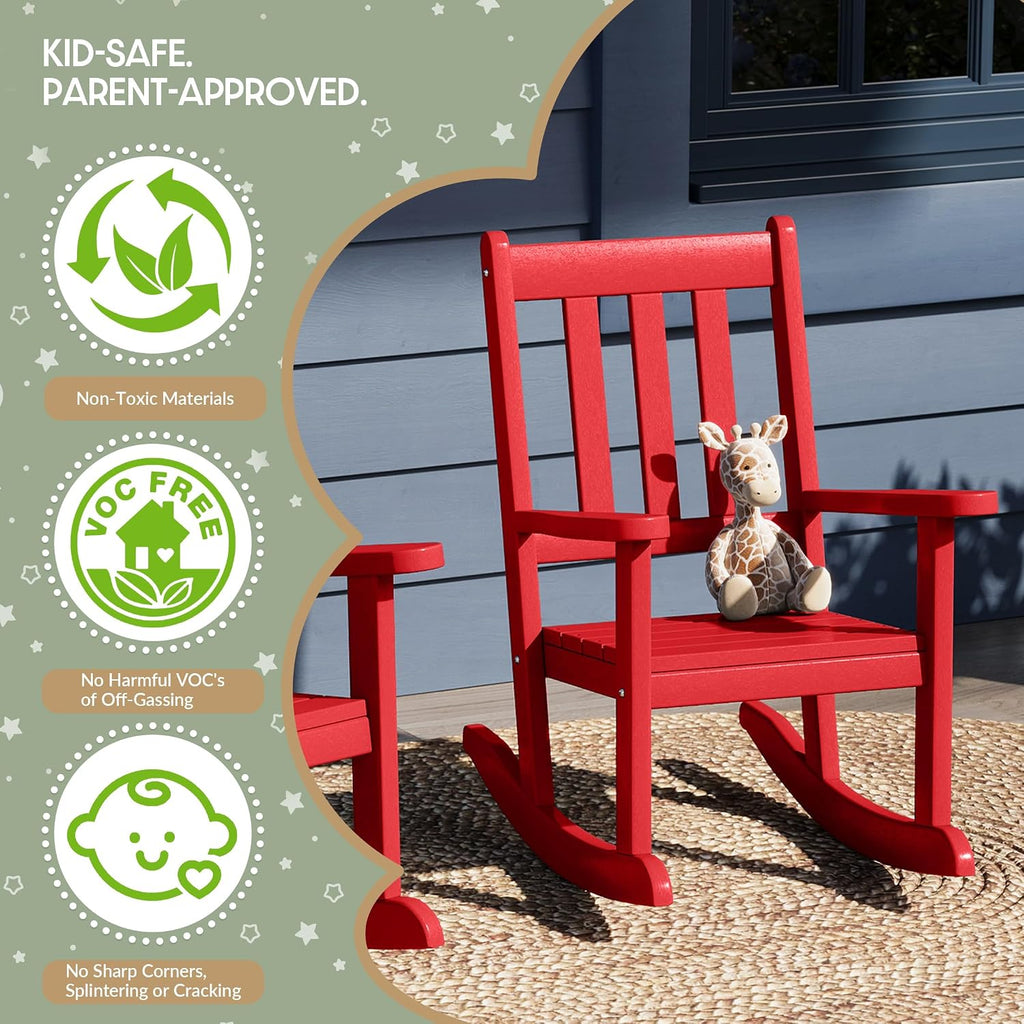 WestinTrends Malibu 3-Piece Kids Outdoor Rocking Chairs Set with Kids Square Side Table, Red