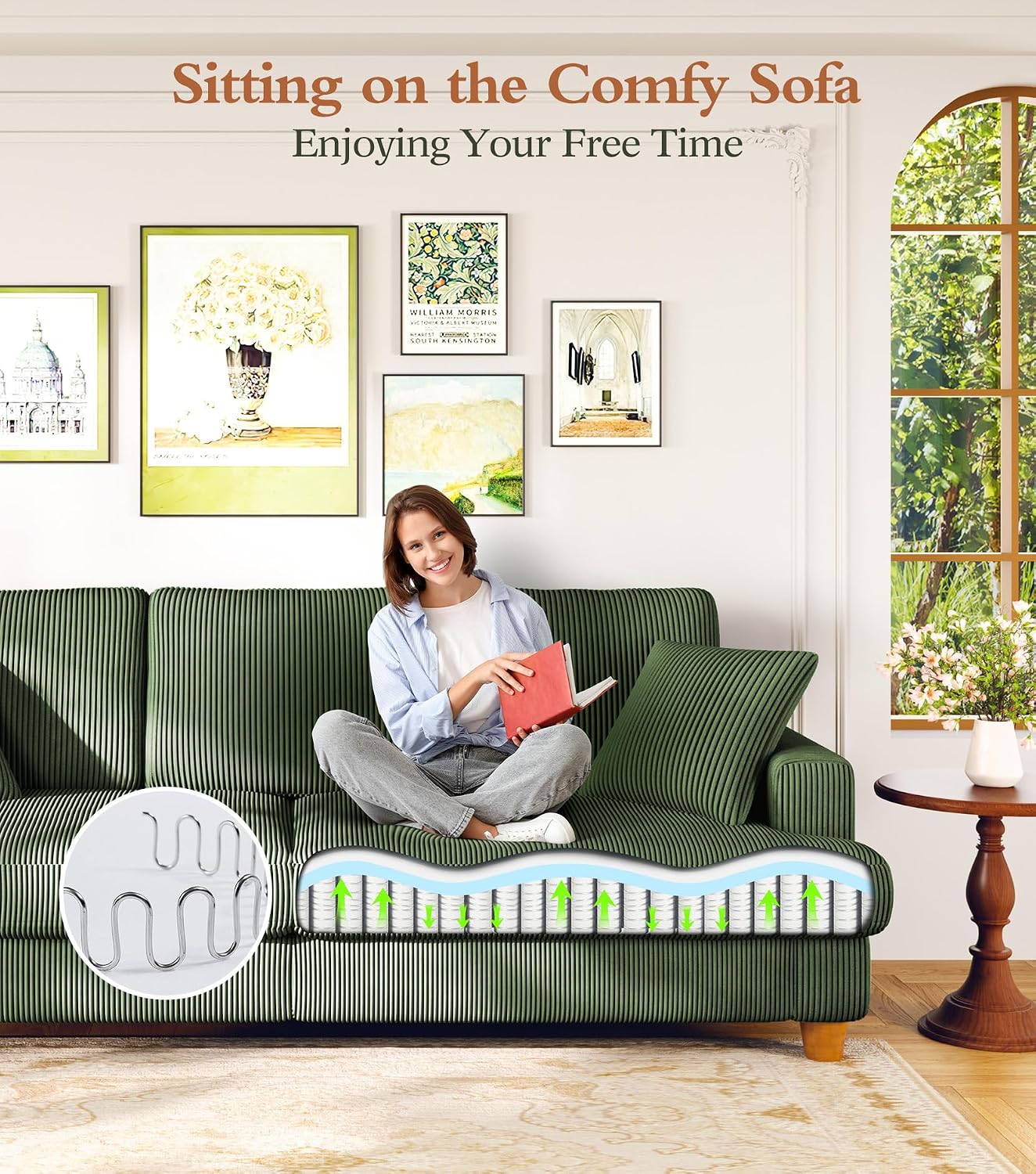 Kidirect 87in U Shaped Couch, Modular Sofa No Tool Assembly, Comfy Sectional Couches for Living Room 21in Deeper Seats, Corduroy Sofas for Living Room with 2 Pillows, Loveseat Sofa Set, Green Couch