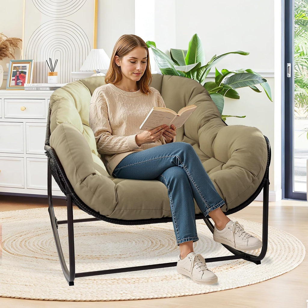 Papasan Rocking Chair Indoor & Outdoor, Oversized Egg-Shaped Papasan Rocker with Cushion & Pillow, All-Weather Wicker Patio Lounge Chair for Garden, Porch, Living Room (Khaki)