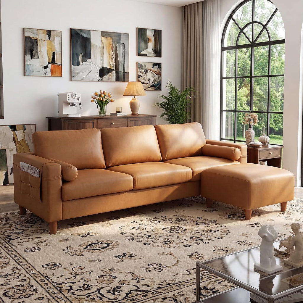 Vesgantti 100' Faux Leather Couch with Movable Ottoman, 3 Seater L Shaped PU Leather Sofa with Side Pocket, Comfy Mid Century Modern Modular Sectional Couch for Living Room, Apartment, Camel