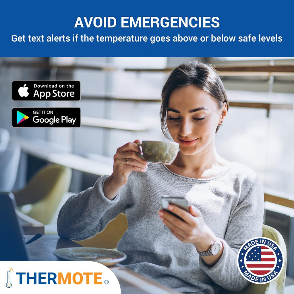 Thermote Wireless Remote Temperature Sensor. WiFi Thermometer Temperature Monitor. 24/7 Text/email alerts. Monitoring and History. Water/Dust Proof. No Subscription/Monthly Fees. Made in USA.