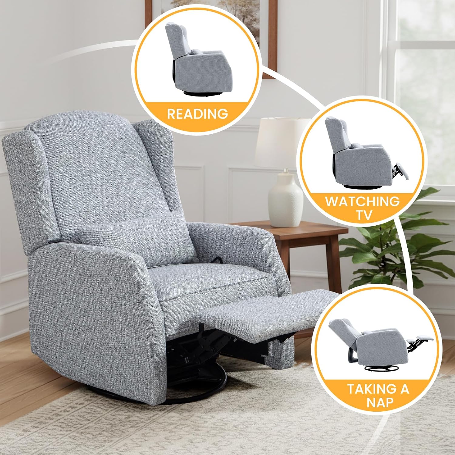 Nursery Swivel Glider Recliner Chair with Segmented Footrest, Modern 360° Rocking Manual Motion Sofa with Lumbar Pillow, Detachable Wings & Armrest for Living Room, Bedroom (LightGray)