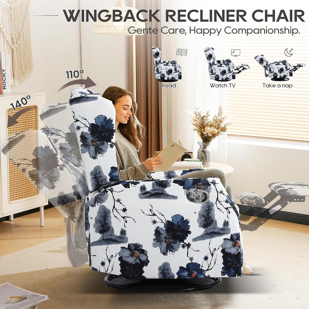 Floral Accent Swivel Rocker Recliner, Wingback Recliner Chair with Padded Seat, High Back Upholstered Armchair for Living Room, Bedroom, Home Ofiice, Blue Ink Floral (Blue Ink Swivel)
