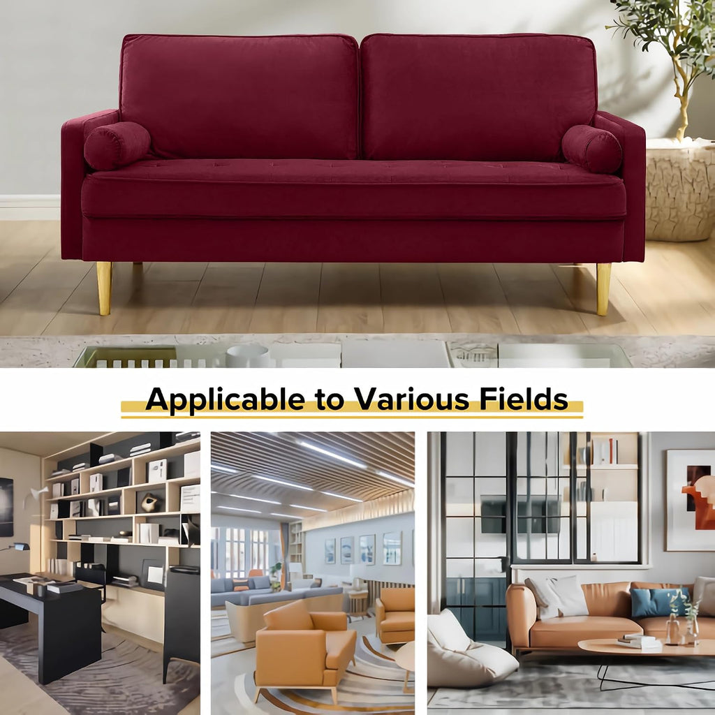 67' Modern Velvet Loveseat Sofa Couch, Mid-Century Tufted Upholstered Small Love Seat Couch with 2 Pillows & 4 Golden Legs, 2-Seats Couches for Compact Space, Living Room, Apartment (Burgundy)