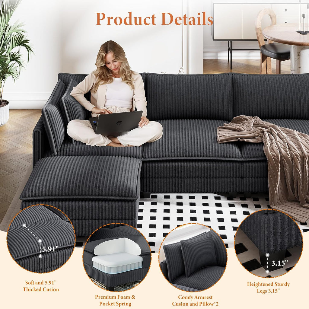 Vesgantti 109' U Shaped Cloud Sectional Sofa, Comfy Corduroy Upholstered Sectional Modular Sofas for Living Room, Modern Modular Couch with 2 Ottoman Deep Seat, Dark Grey