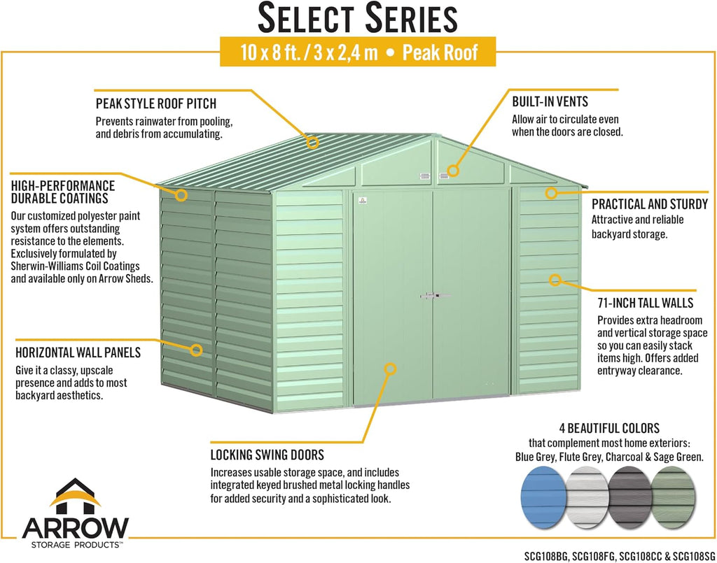 Arrow Select 10' x 8' Outdoor Lockable Steel Storage Shed Building, Flute Grey