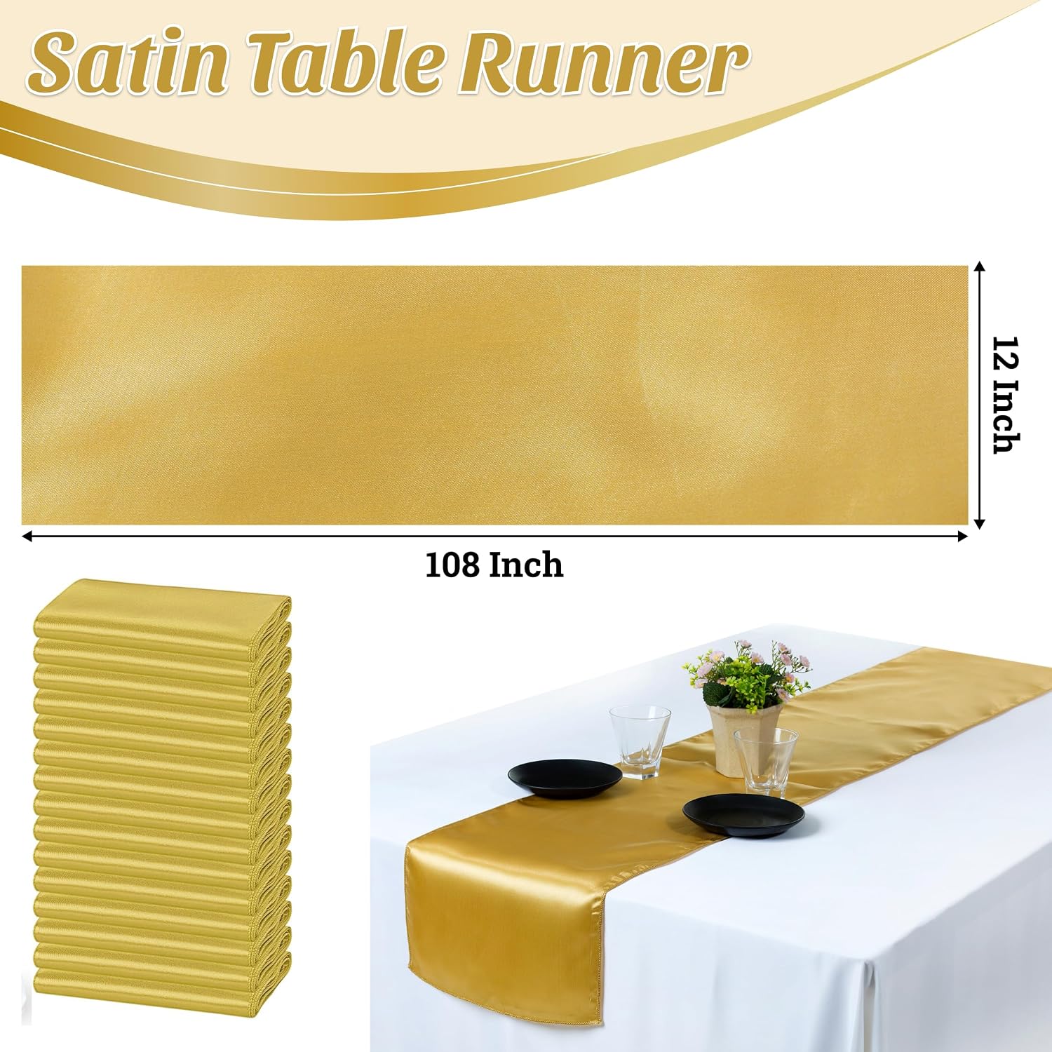 MDS 50 PCS Satin Table Runners 12 x 108 Inch Charmeuse Sateen Silk Table Runner for Indoor Outdoor Wedding Reception Birthday Graduation Party Event Banquet Dining Table Decoration - Gold