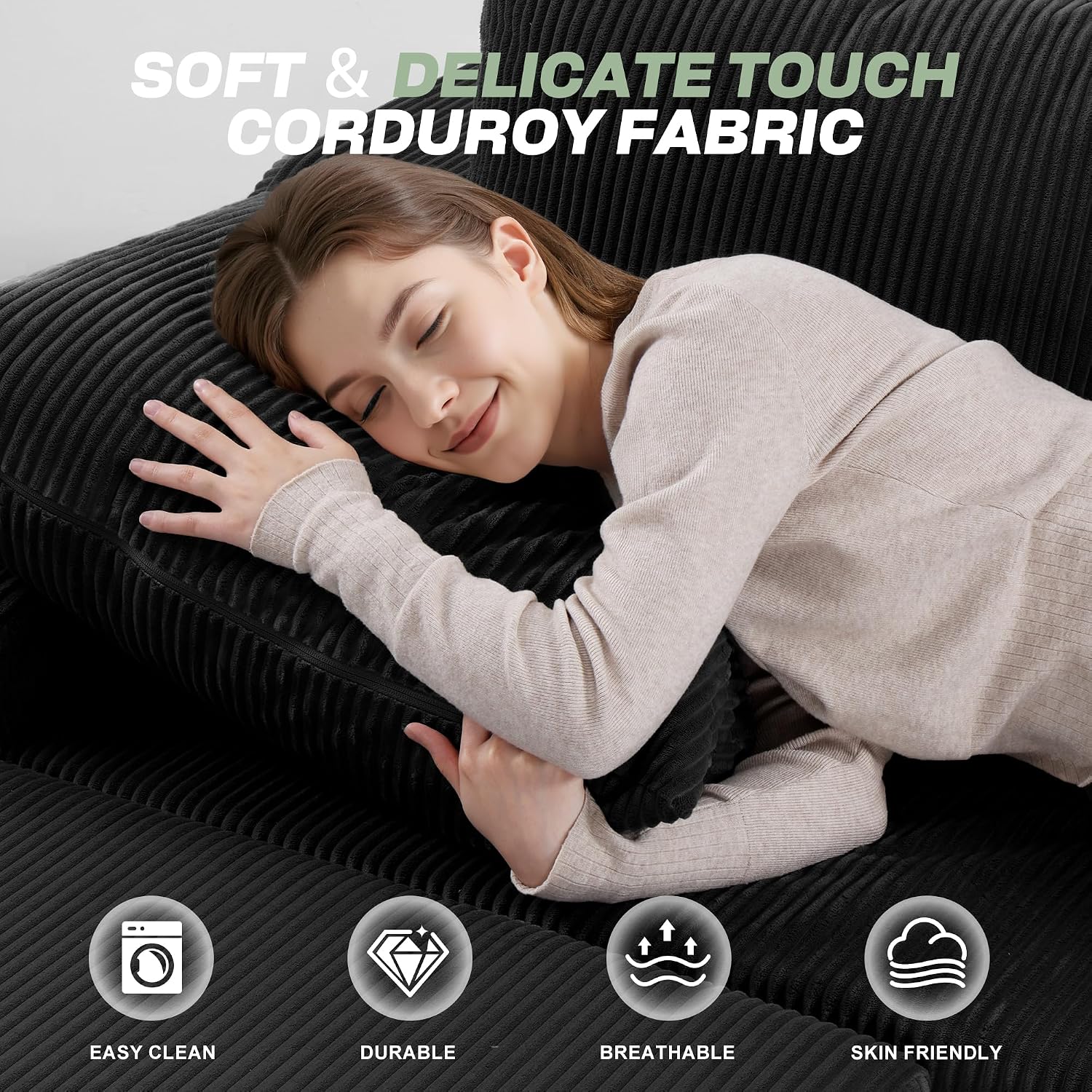HABUTWAY U Shaped Modular Sectional Couch for Living Room, Modular Cloud Sofa with Ottoman, No Assembly Boneless Couches with Deep Seat, Corduroy Fabric (Black, Right Facing)