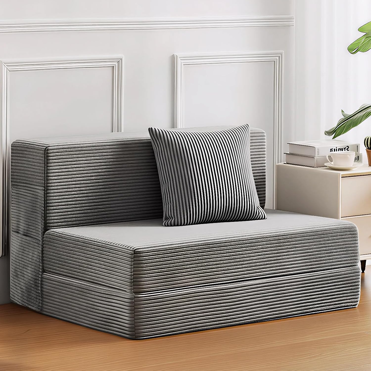 JKMAX Twin Size Folding Sofa Bed - 4 in 1 Convertible Sleeper Chair with Pillow - High Density Memory Foam Futon Couch - Foldable Bed for or Living Room Bedroom (Dark Grey)