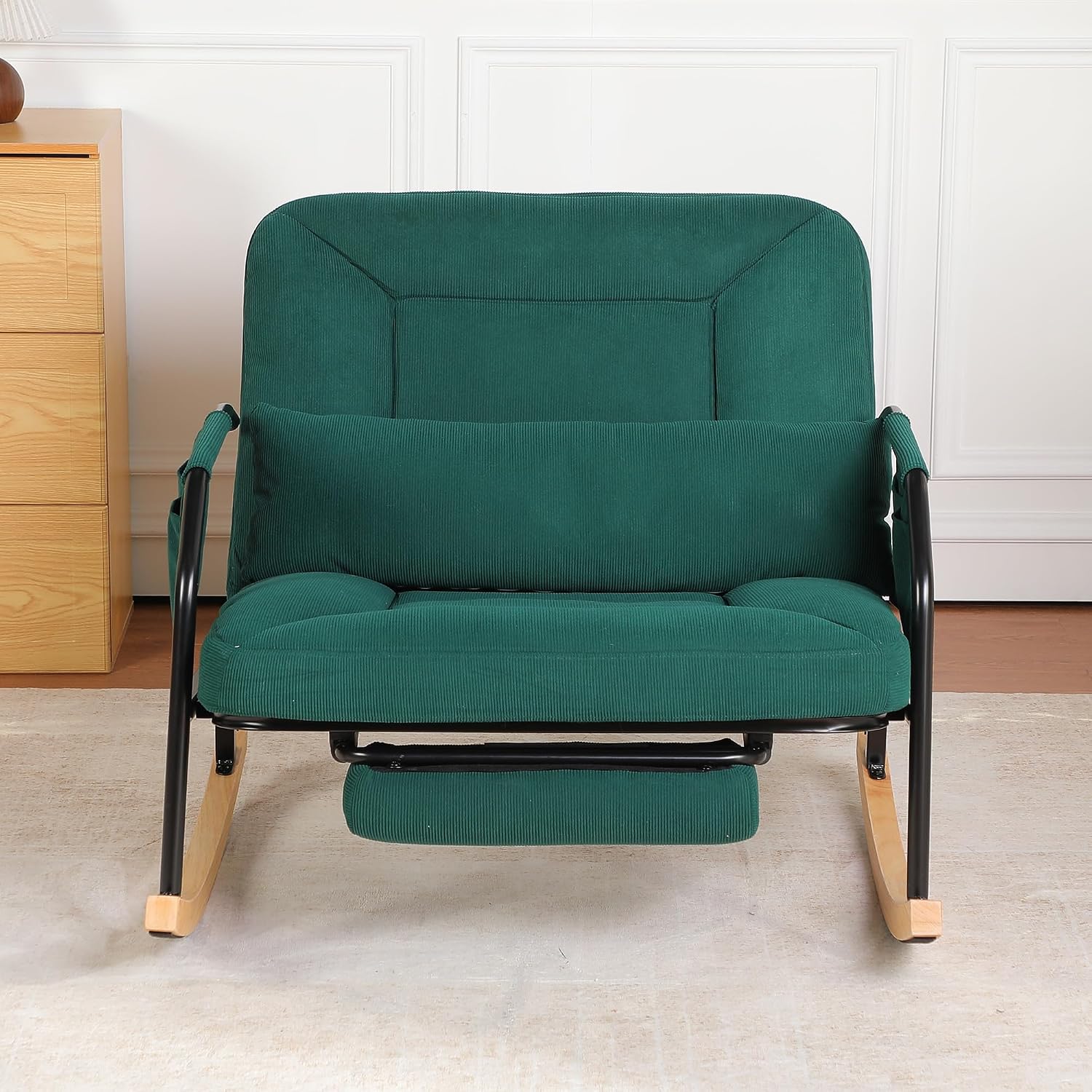 Oversized Rocking Chair, Extra-Wide Glider Patio Rocker Chairs with Foot Rest, Padded Cushion, Adjustable Backrest, Mental Wooden Farm, Indoor/Outdoor Living Room Bedroom Balcony Porch, Green
