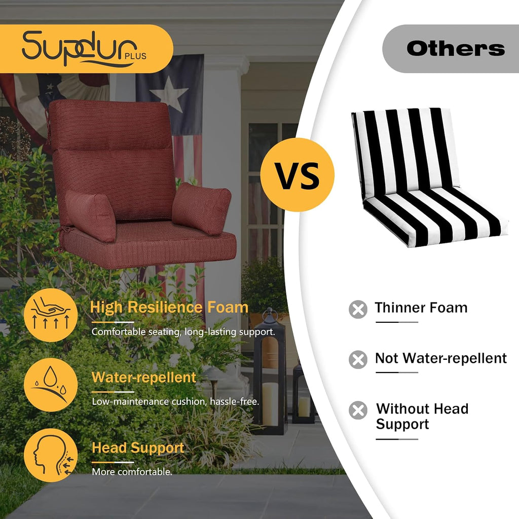 Outdoor High Back Chair Cushion, 2 Pack 48 x 24 inches Patio Chair Cushions Water Repellent Rocking Cushions Indoor Furniture Seat Pad with 2 Pillows, Tan Dotted Red Base