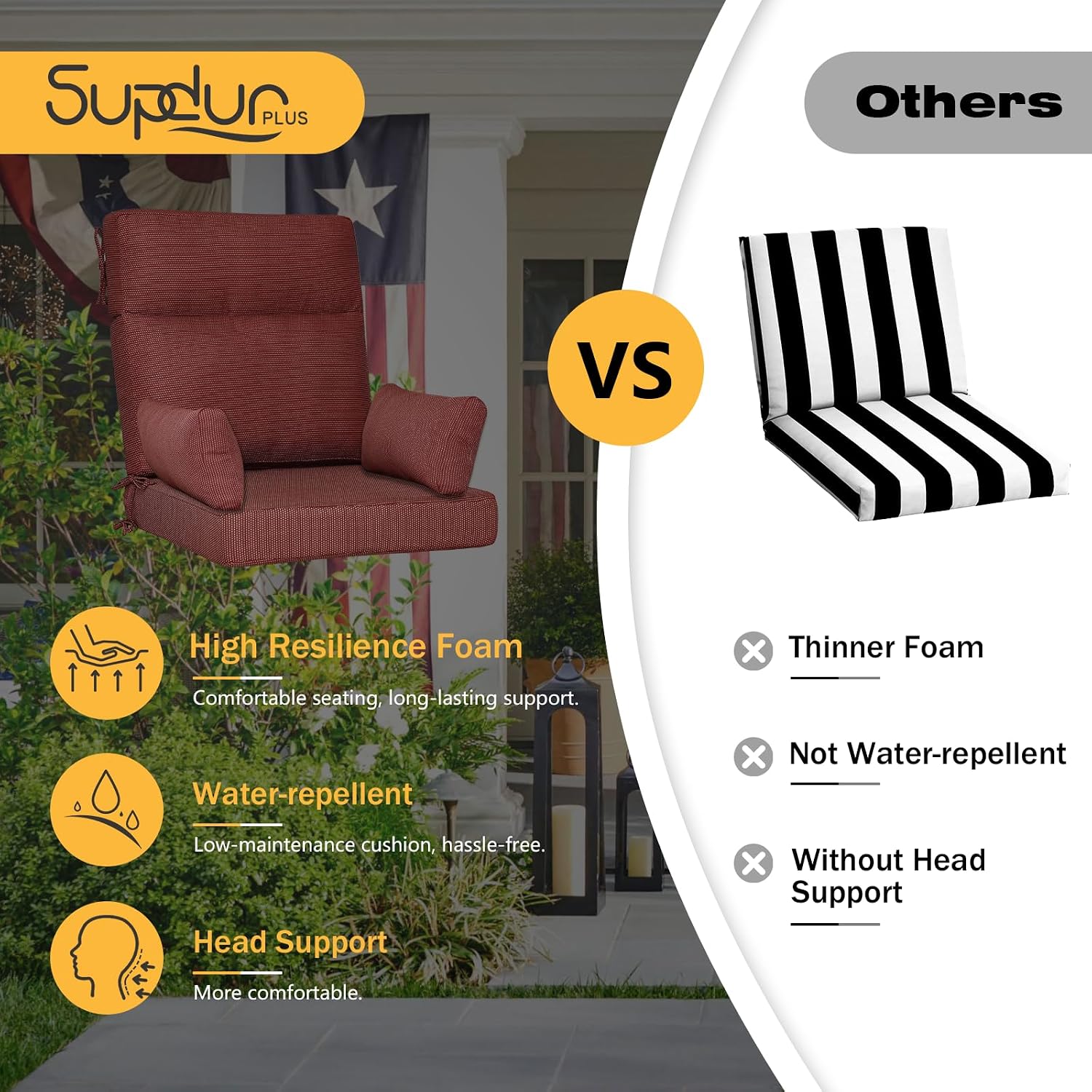 Outdoor High Back Chair Cushion, 2 Pack 48 x 24 inches Patio Chair Cushions Water Repellent Rocking Cushions Indoor Furniture Seat Pad with 2 Pillows, Tan Dotted Red Base