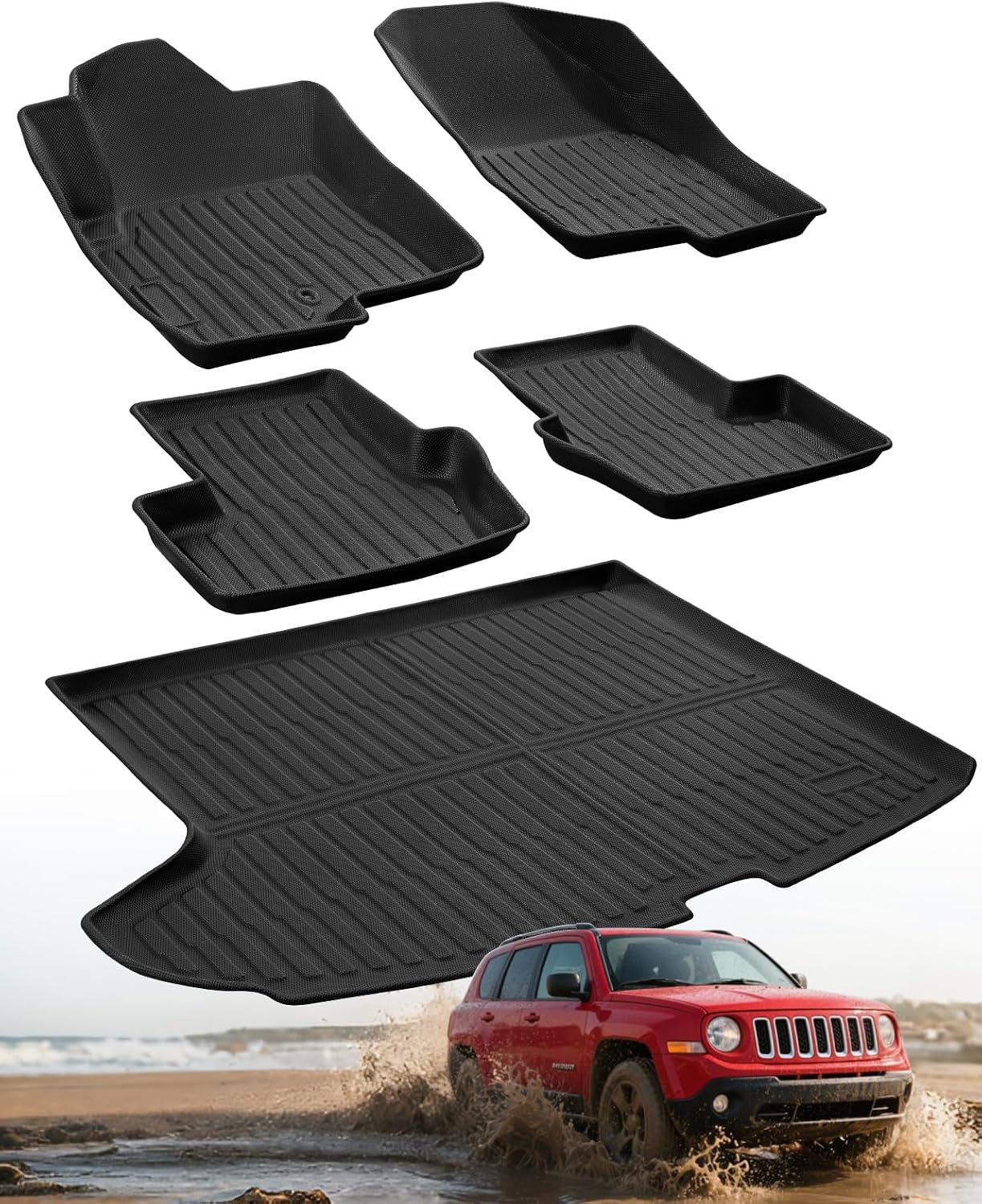 All Weather Floor Mats for Jeep Patriot: Custom for Dodge Caliber 2007-2012/for Compass 2007-2017, Automotive Heavy Duty Rubber Floor Liners, Full Set Front Rear& Cargo Mat Accessories Protection